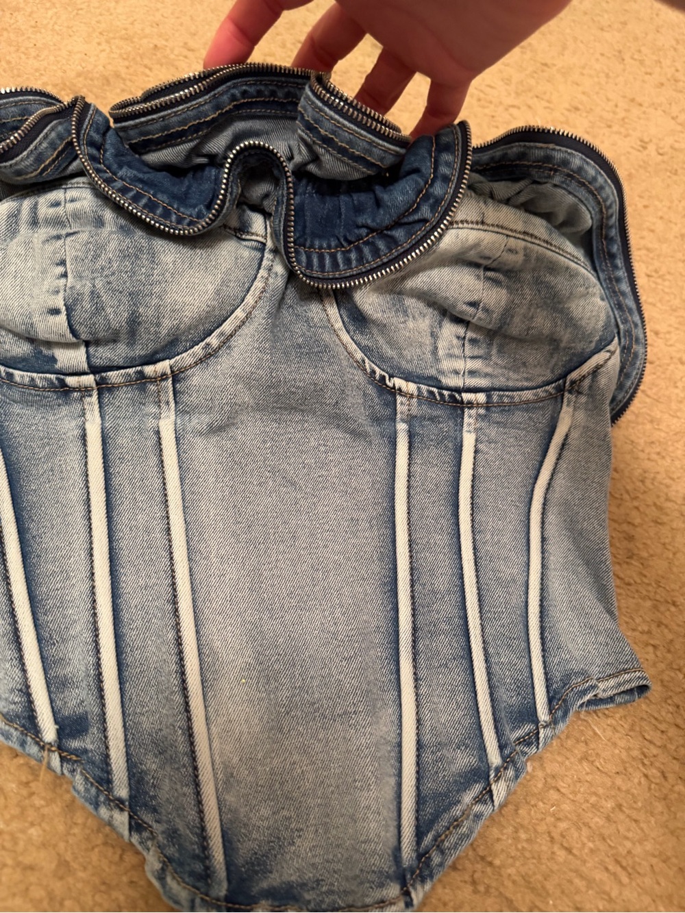 AKIRA Light Blue Denim Corset Top with Ruffle Trim